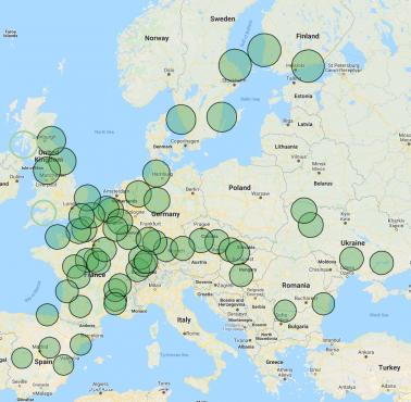 Promień 100 KM wokół wszystkich elektrowni jądrowych w Europie (z wyjątkiem Rosji)