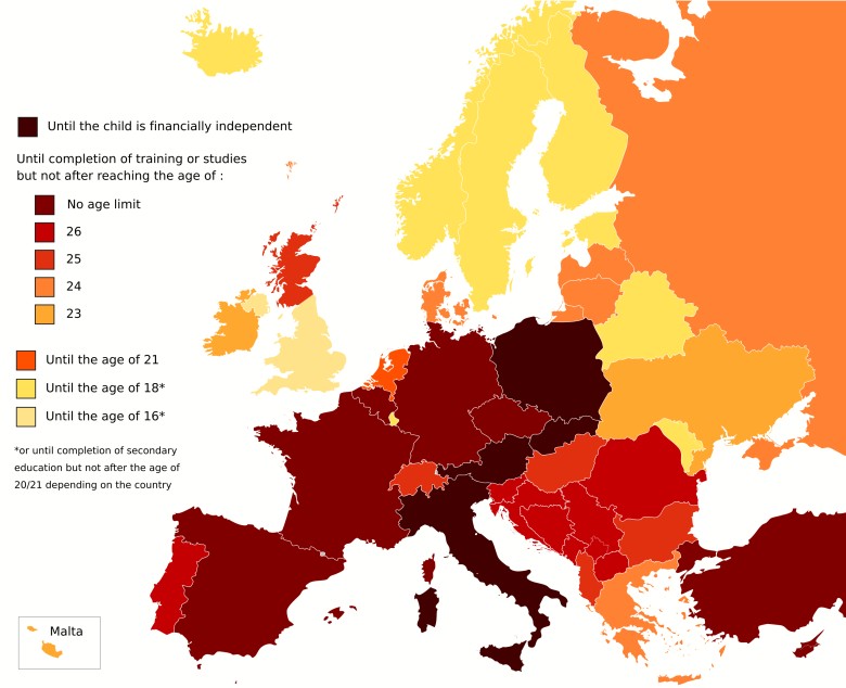 Maksymalny wiek otrzymywania alimentów na dziecko w Europie