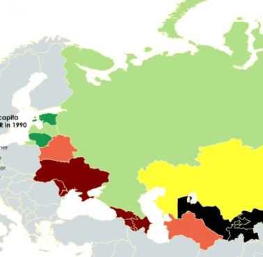PKB na mieszkańca byłych republik radzieckich z 2020 roku w porównaniu do ZSRR w 1990 roku