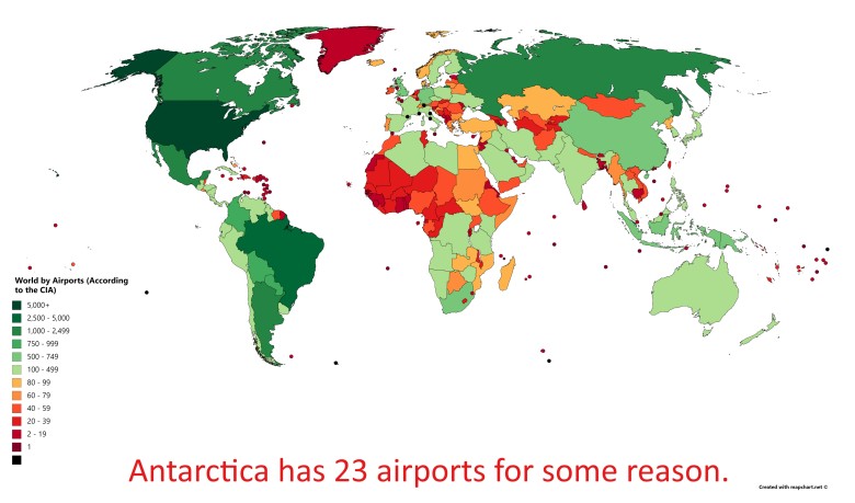 Liczba lotnisk w poszczególnych państwach, dane CIA 2013