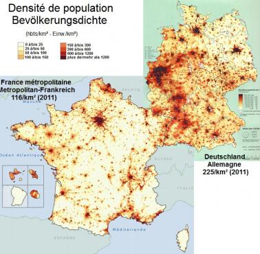 Gęstość zaludnienia we Francji i Niemczech, 2011 roku