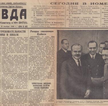 Pierwsza strona najważniejszego dziennika ZSRR - Правда (Prawda), 18 listopada 1940 roku