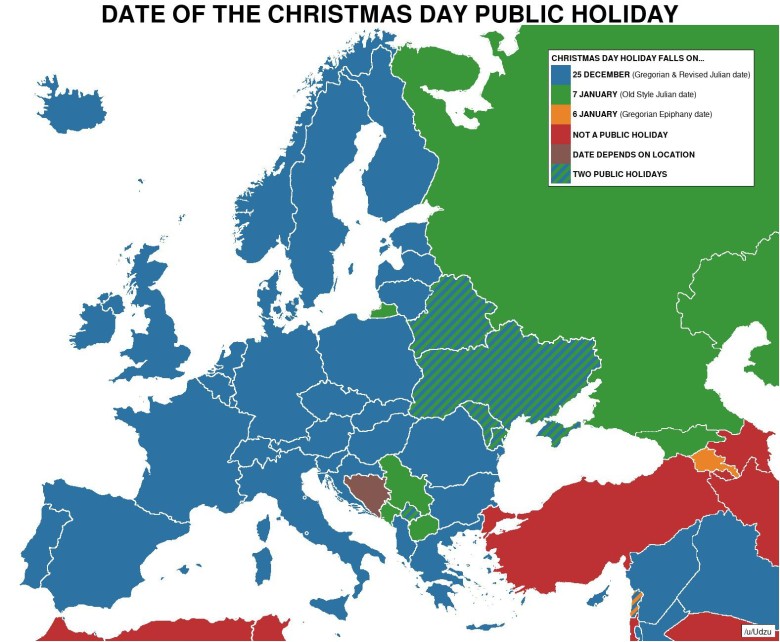 Data świąt Bożego Narodzenia w Europie