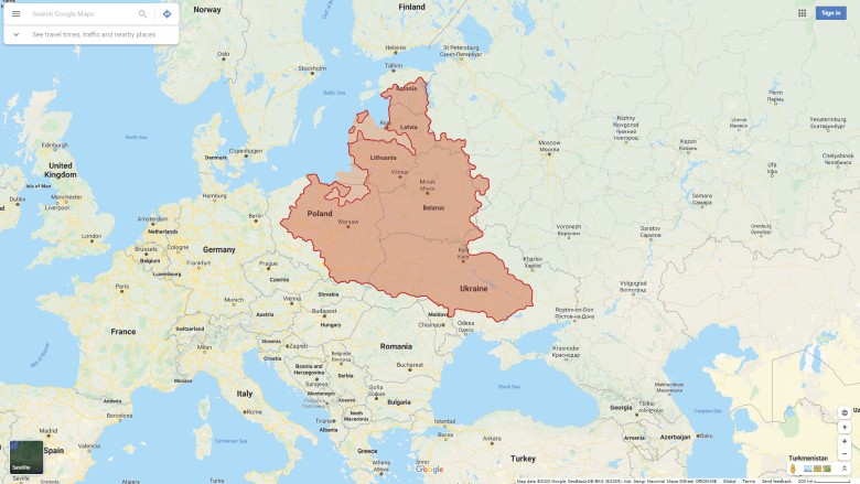 Rzeczpospolita Obojga Narodów (I RP) na mapie Google Maps