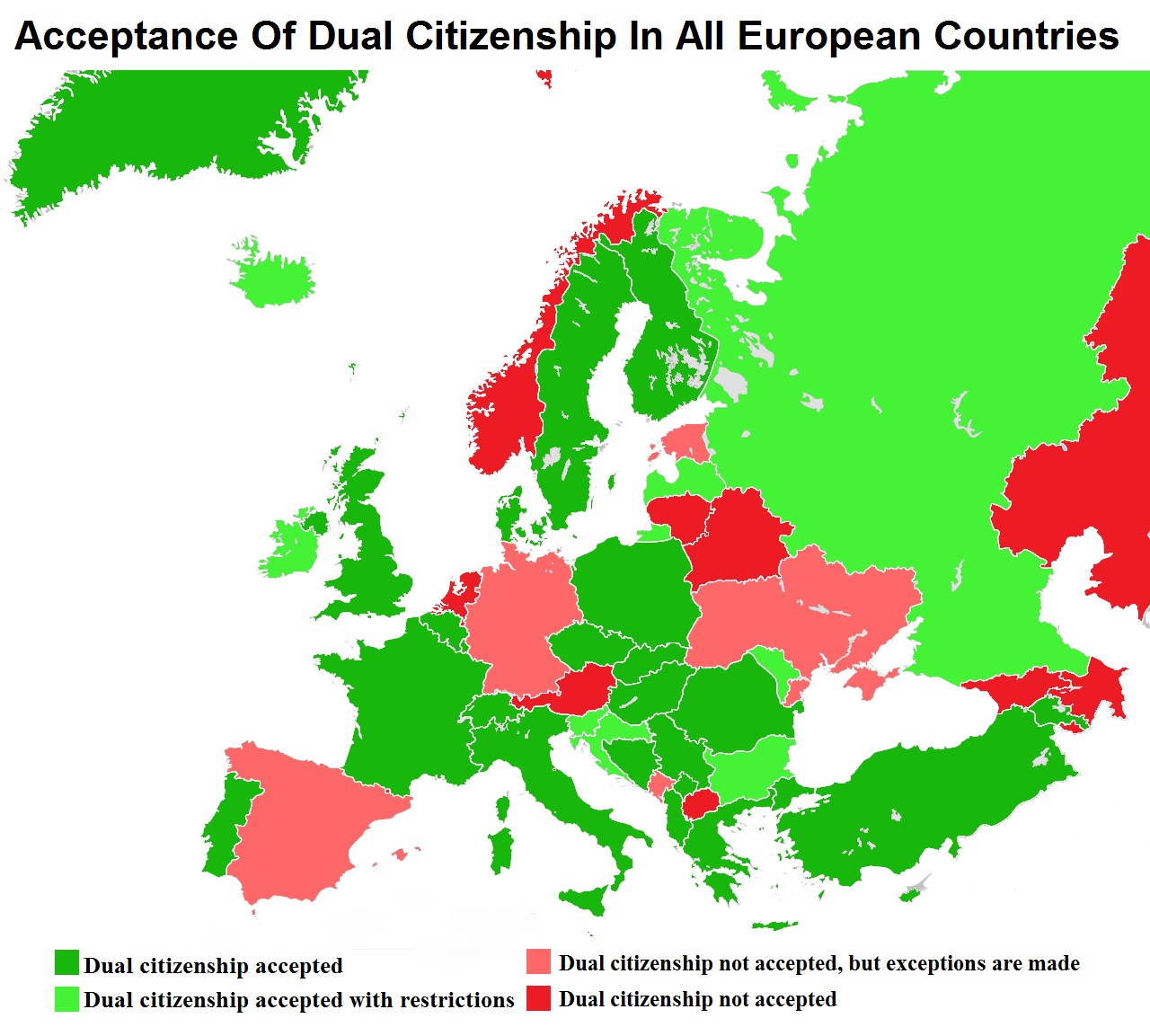 Mapa Europy, w której podwójne obywatelstwo jest zabronione lub ograniczone