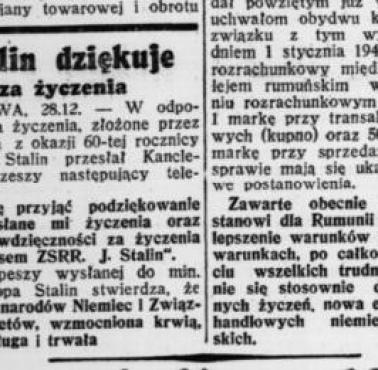 Stalin dziękuje kanclerzowi Niemiec za życzenia, grudzień 1939