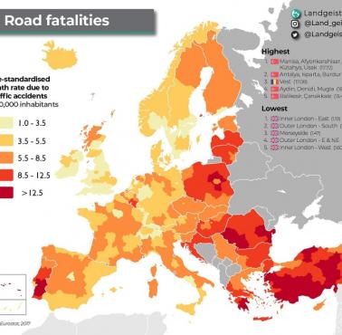 Wypadki śmiertelne na drogach w Europie na 100 tys. mieszkańców, 2017