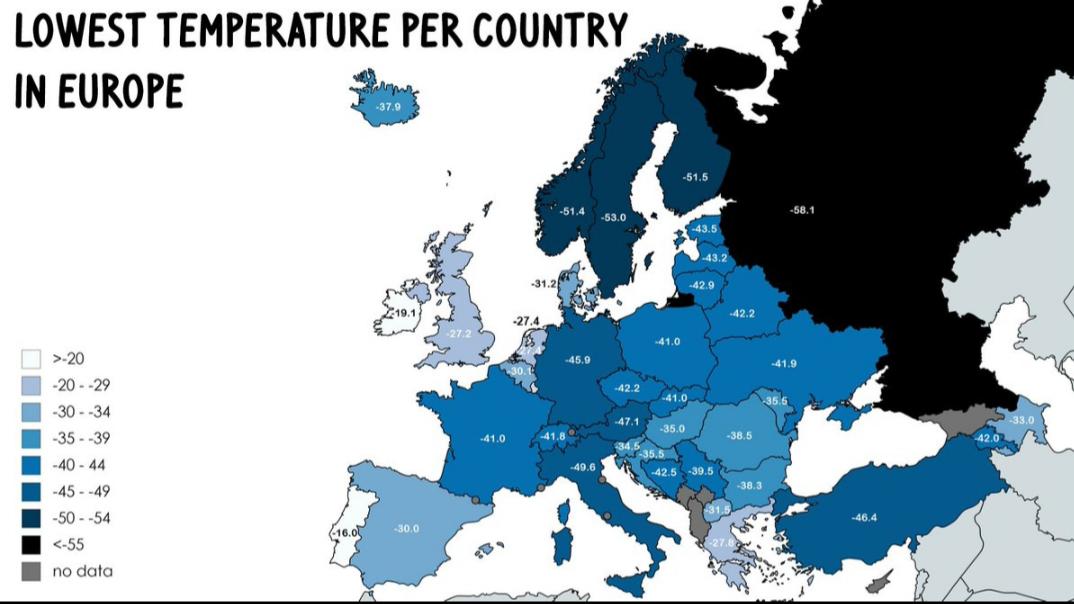 Najzimniejsze temperatury jakie kiedykolwiek zarejestrowano w Europie