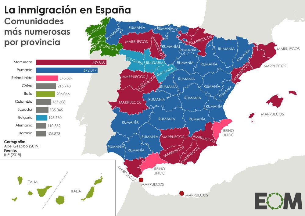 Mapa populacji imigrantów w Hiszpanii, 2018, 2019
