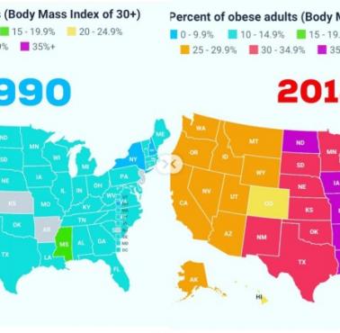 Odsetek dorosłych otyłych według stanu USA, 1990 vs. 2018