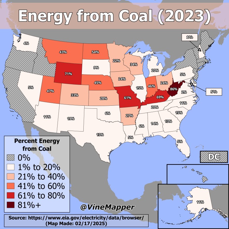 Procent energii elektrycznej uzyskiwanej z węgla w USA z podziałem na stany, 2023