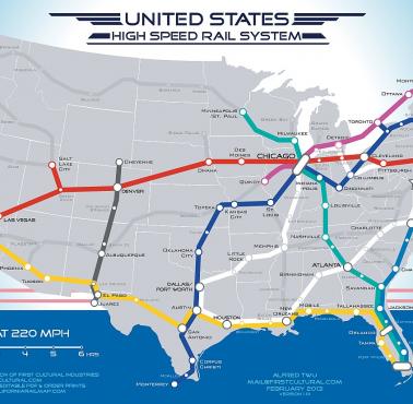 Mapa kolejowej kolei dużych prędkości zaproponowana przez Obamę