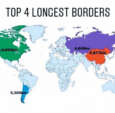 Top 4 najdłuższych granic (1-Ameryka-Kanada, 2-Rosja-Kazachstan, 3-Chile-Argentyna, 4-Chiny-Mongolia)
