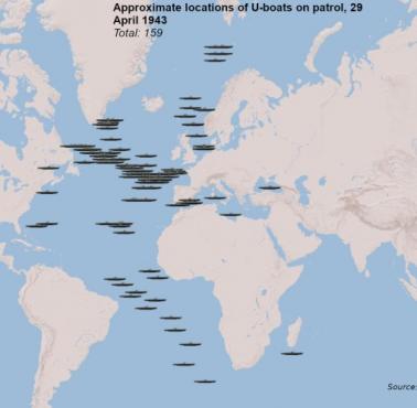 Przybliżona lokalizacja niemieckich okrętów podwodnych w dniu 29 kwietnia 1943 r. - kulminacja bitwy o Atlantyk