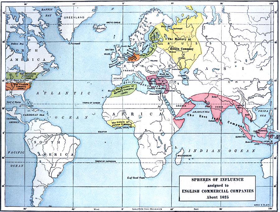 Obszary zainteresowania angielskich firm handlowych (zakres ich monopolu), 1625