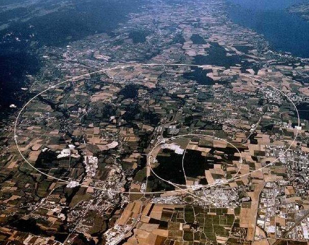 CERN - widok z oznaczonym kręgiem Wielkiego Zderzacza Hadronów