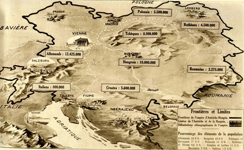 Francuska mapa Austro-Węgier z początku XX wieku pokazująca liczbę ludności według poszczególnych grup etnicznych