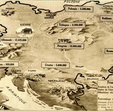 Francuska mapa Austro-Węgier z początku XX wieku pokazująca liczbę ludności według poszczególnych grup etnicznych