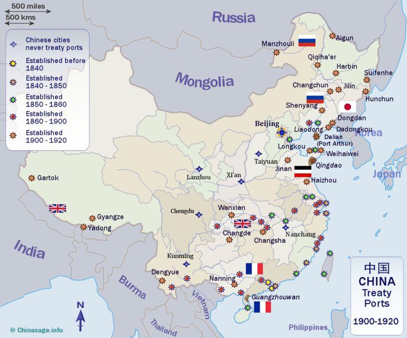 Mapa wszystkich portów w Chinach, które były kontrolowane przez Wielką Brytanię, Francję, Niemcy, Rosję i Japonię (1900–1920)