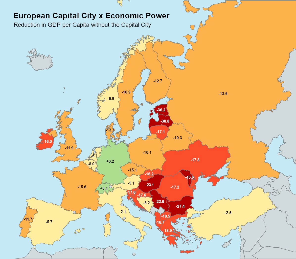 Ile PKB należałoby odjąć, gdyby zniknęły stolice europejskich krajów