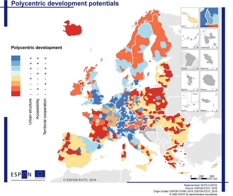 Podział obszarów Unii Europejskiej z uwzględnieniem potencjału rozwojowego (peryferia oznaczone na czerwono)