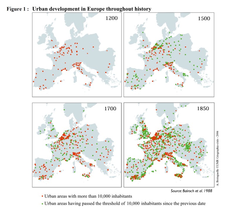 Rozwój miast w Europie po XIII wieku, 1200, 1500, 1700, 1850