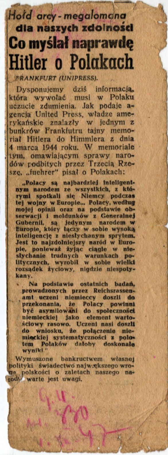 Z listu Hitlera do Himmlera w marcu 1944 roku.