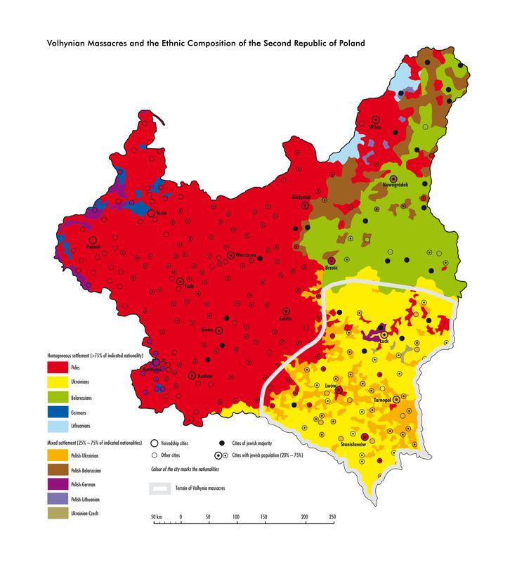 Skład etniczny Polski przed II wojną światową i regiony, w których miała miejsce masakra na Wołyniu