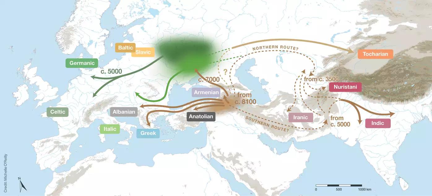 Rozprzestrzenianie się języków indoeuropejskich z ich (zielonej) ojczyzny wszędzie między Hiszpanią a Indiami