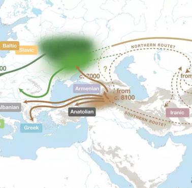 Rozprzestrzenianie się języków indoeuropejskich z ich (zielonej) ojczyzny wszędzie między Hiszpanią a Indiami