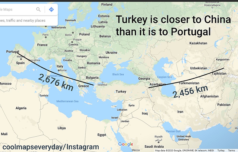 Turcy mają bliżej (o 220 km) do Chin niż do Portugalii