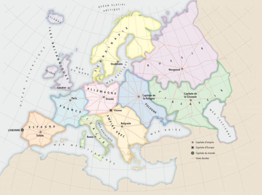 Mapa Europy XX wieku prognozowana przez francuskiego pisarza Henri Drona w 1863 roku