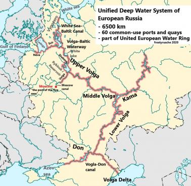 Mapa dróg śródlądowych w europejskiej części Rosji, 2020