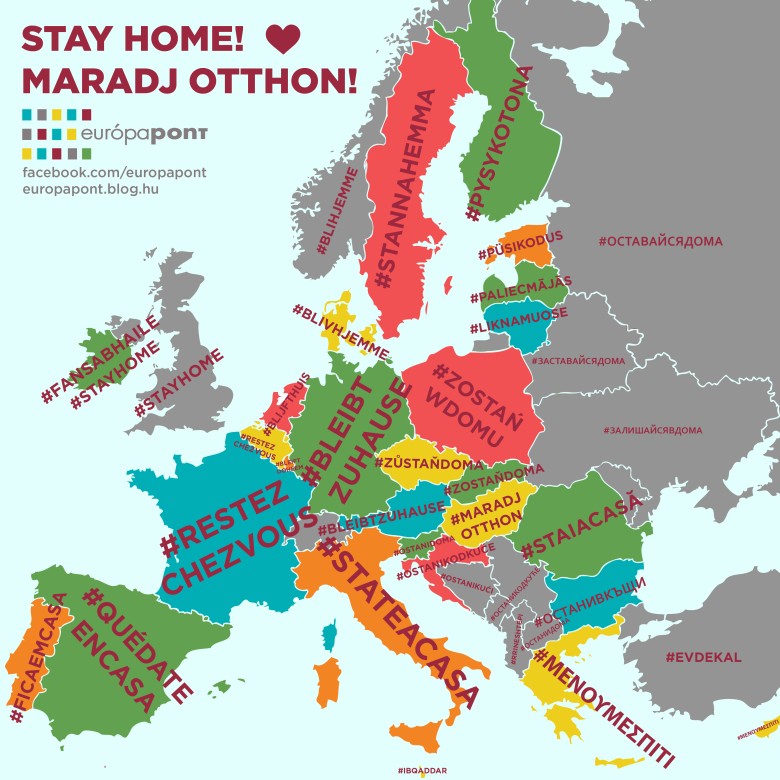 Hasło Zostań w domu w różnych europejskich językach