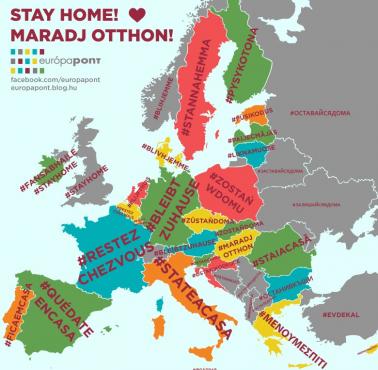 Hasło "Zostań w domu" w różnych europejskich językach