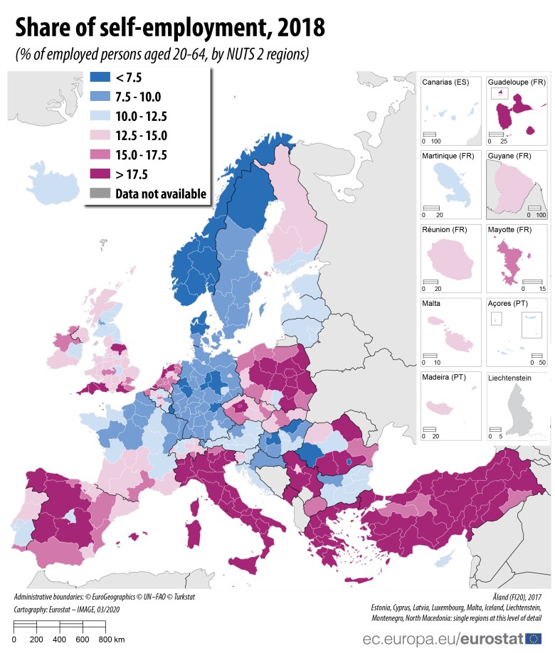 Samozatrudnienie we wszystkich regionach UE, 2018