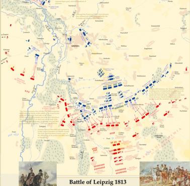 Mapa bitwy pod Lipskiem w 1813 roku, największa bitwa w historii Europy przed I wojną światową i decydująca porażka Napoleona