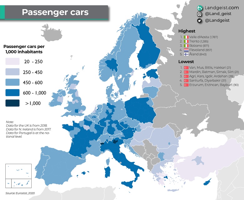 Liczba samochodów na 1000 mieszkańców w Europie, 2020