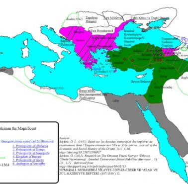 Mapa Imperium Osmańskiego w czasach Sulejmana Wspaniałego z podziałem religijnym, obszary pobite lub zwasalizowane 1530-1564