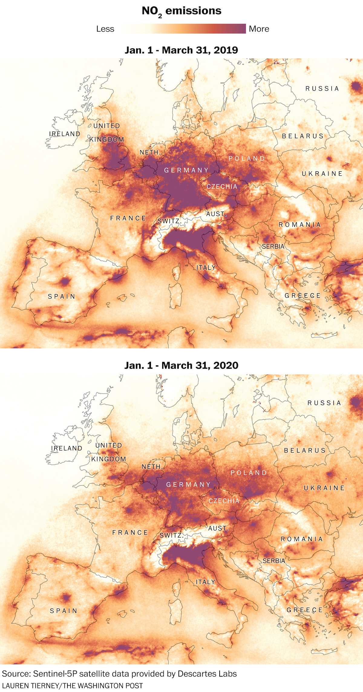 Zmiana jakości powietrza spowodowana pandemią Covid-19 w Europie, od 1 stycznia do 31 marca 2020