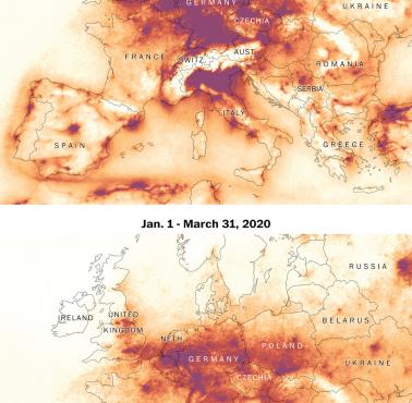 Zmiana jakości powietrza spowodowana pandemią Covid-19 w Europie, od 1 stycznia do 31 marca 2020