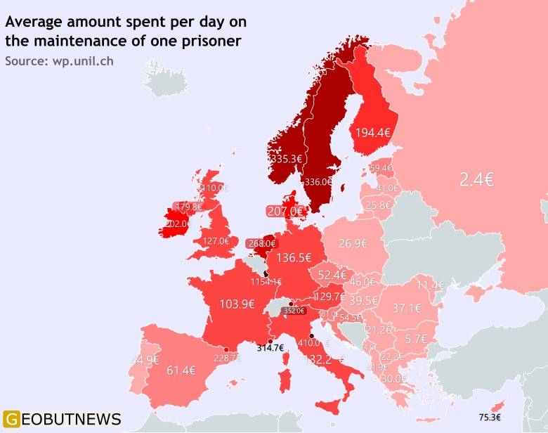 Średnia kwota wydawana dziennie na utrzymanie jednego więźnia w Europie