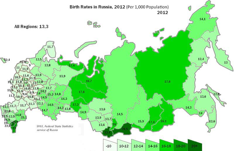 Wskaźnik urodzeń w Rosji z podziałem na regiony, 2012