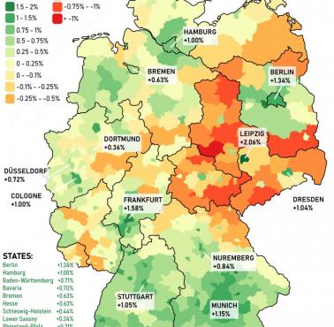 Wzrost lub spadek liczby ludności w Niemczech z podziałem na powiaty i województwa, 2011-2019