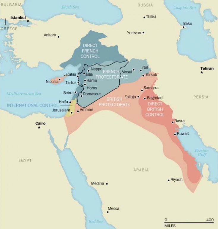 Podział Bliskiego Wschodu na bazie umowy Sykes-Picot między Wielką Brytanią i Francją z 1916 roku