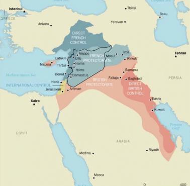 Podział Bliskiego Wschodu na bazie umowy Sykes-Picot między Wielką Brytanią i Francją z 1916 roku