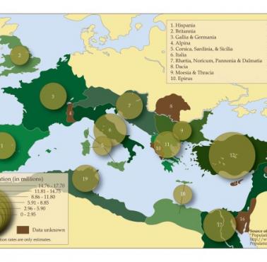Prowincje cesarstwa rzymskiego w czasach cesarza Trajana w roku 117 roku z podziałem na populację