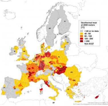 Potencjał geotermalny krajów UE (temperatura na 2000 m)