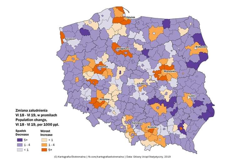 Zmiana zaludnienia Polski w latach 2018-2019