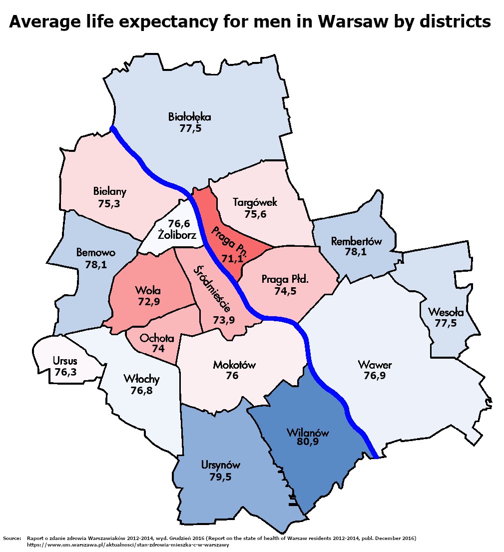 Średnia długość życia mężczyzn w Warszawie według dzielnic, 2012-2014